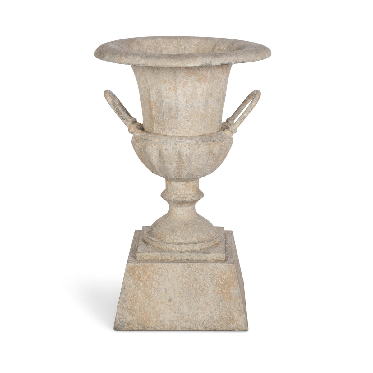 Fluted Metal Urn with Pedestal, Weathered Stone, 33"H