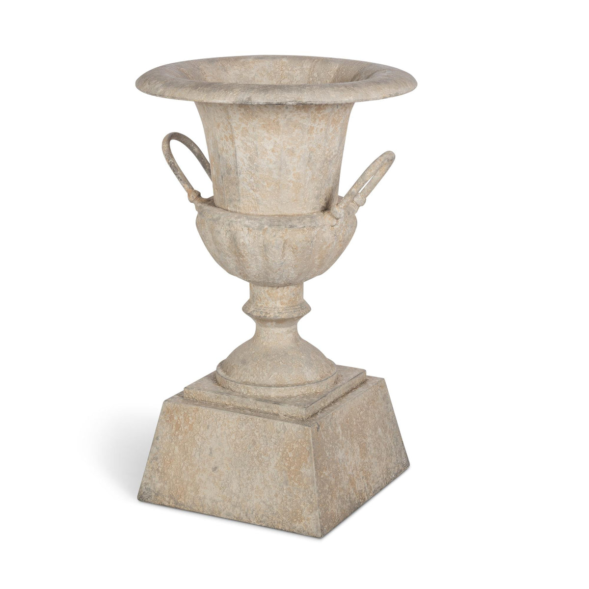 Fluted Metal Urn with Pedestal, Weathered Stone, 33"H