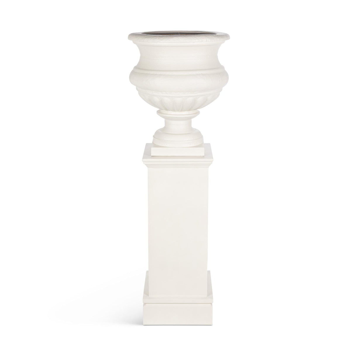 Large Metal Portico Urn w/ Tall Pedestal, Soft White