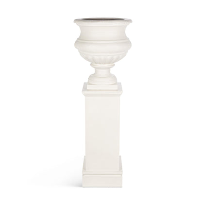 Large Metal Portico Urn w/ Tall Pedestal, Soft White