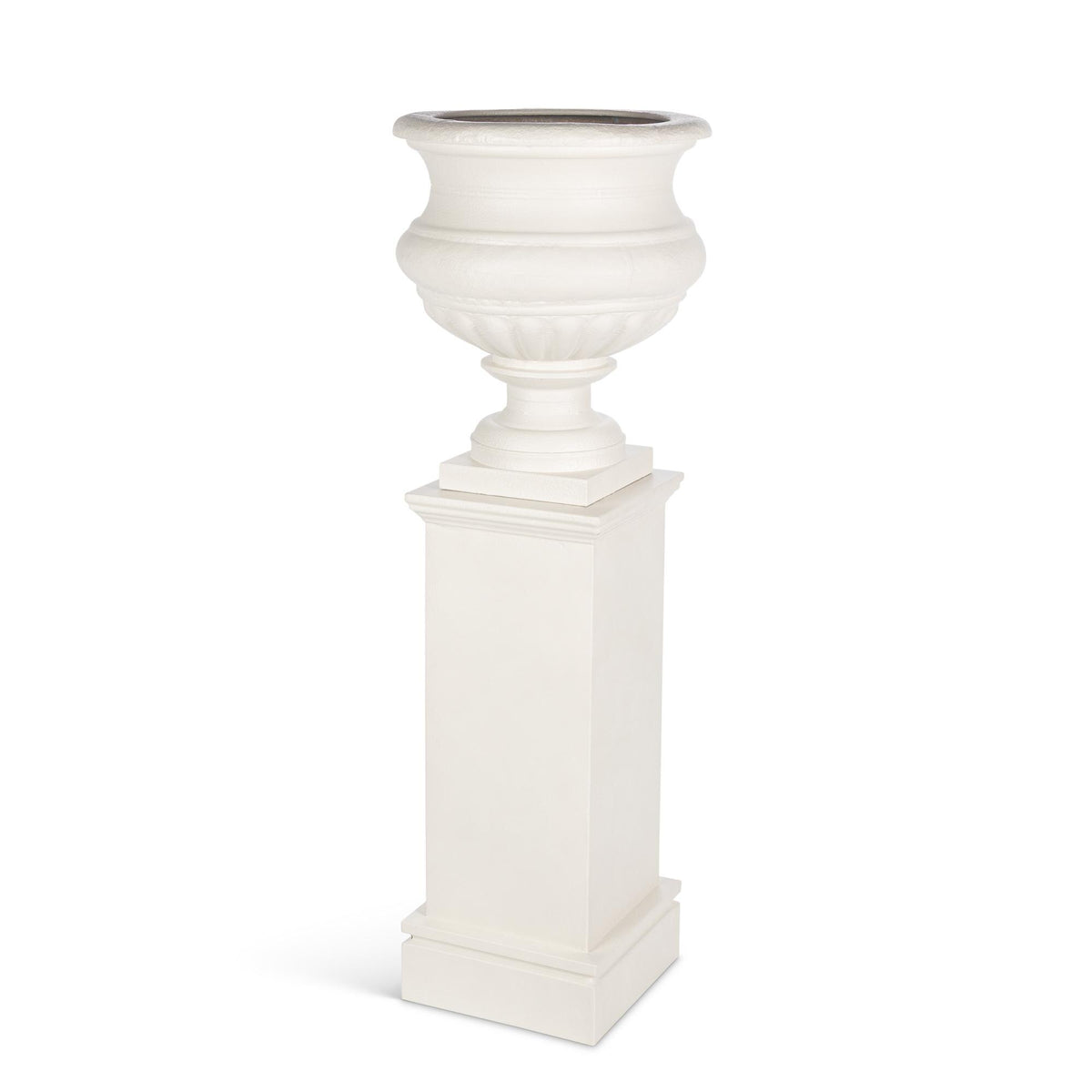 Large Metal Portico Urn w/ Tall Pedestal, Soft White
