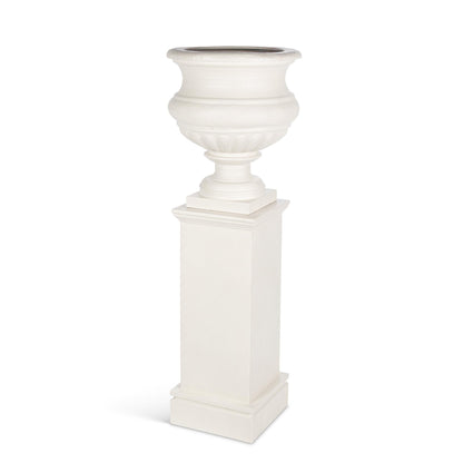 Large Metal Portico Urn w/ Tall Pedestal, Soft White