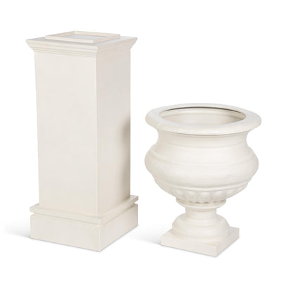 Large Metal Portico Urn w/ Tall Pedestal, Soft White