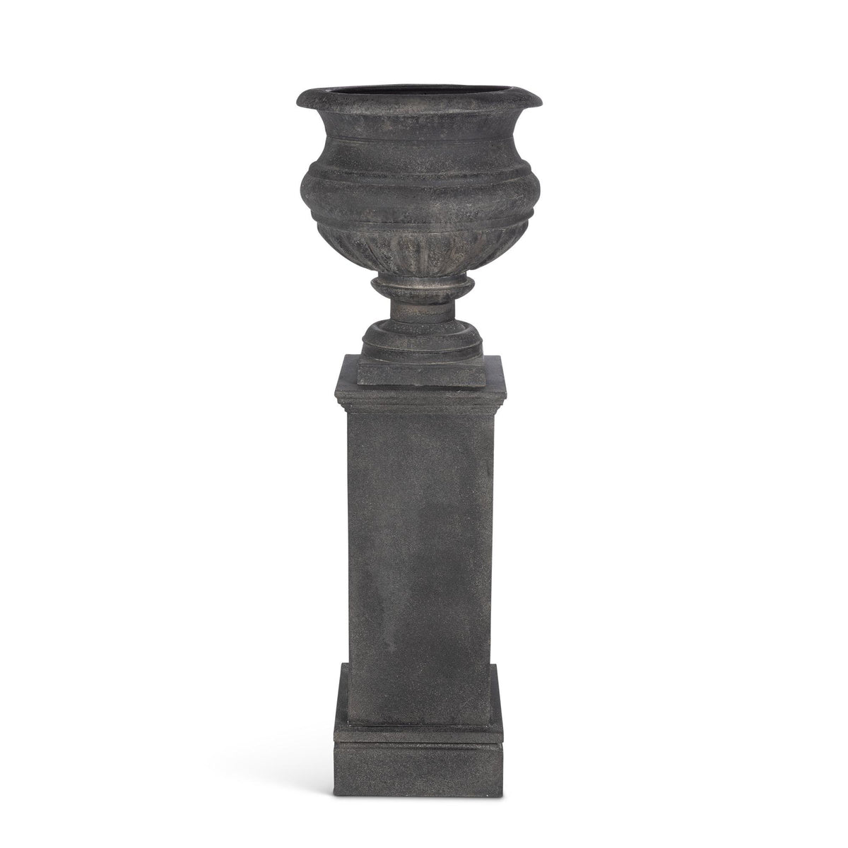 Large Metal Portico Urn w/ Tall Pedestal, Noir