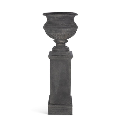 Large Metal Portico Urn w/ Tall Pedestal, Noir