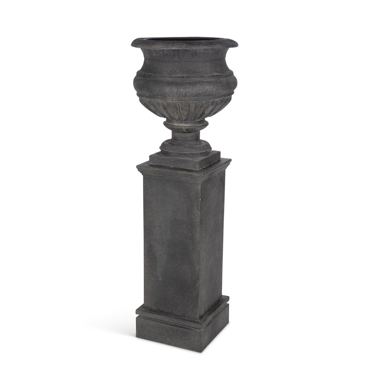Large Metal Portico Urn w/ Tall Pedestal, Noir