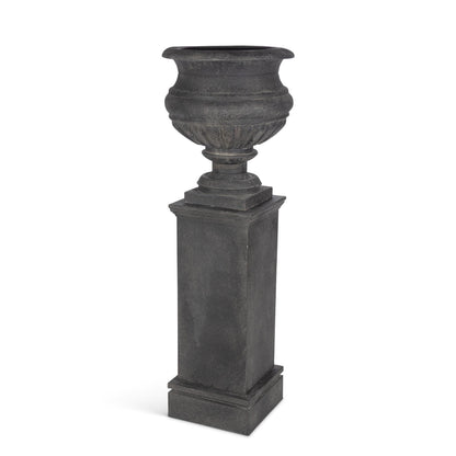 Large Metal Portico Urn w/ Tall Pedestal, Noir