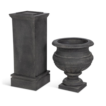 Large Metal Portico Urn w/ Tall Pedestal, Noir
