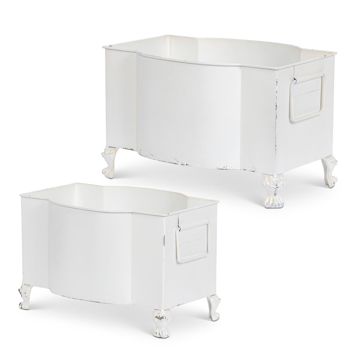 Handsome Footed Metal Planter, Antiqued White, Set of 2