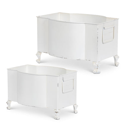 Handsome Footed Metal Planter, Antiqued White, Set of 2