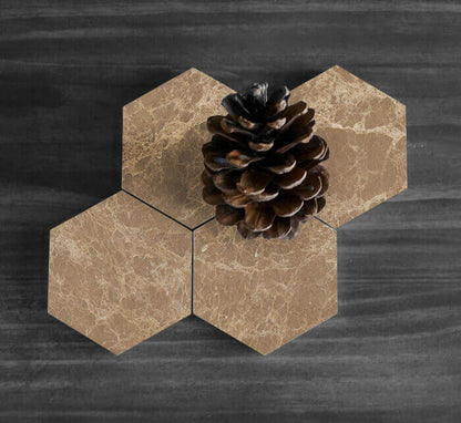 Marble 4" Hexagon Coasters Semi-polished set of 4