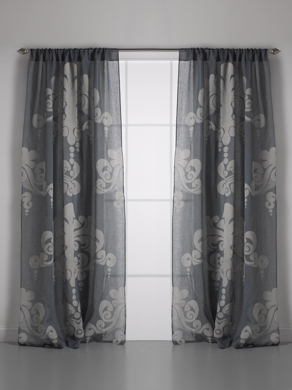 Enchantique Slate Grey Linen Gauze Damask Window Curtain