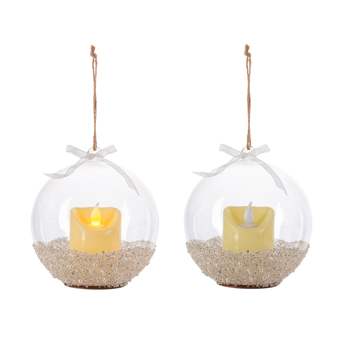 Lit Glass Ornament with Candle, Set of 2