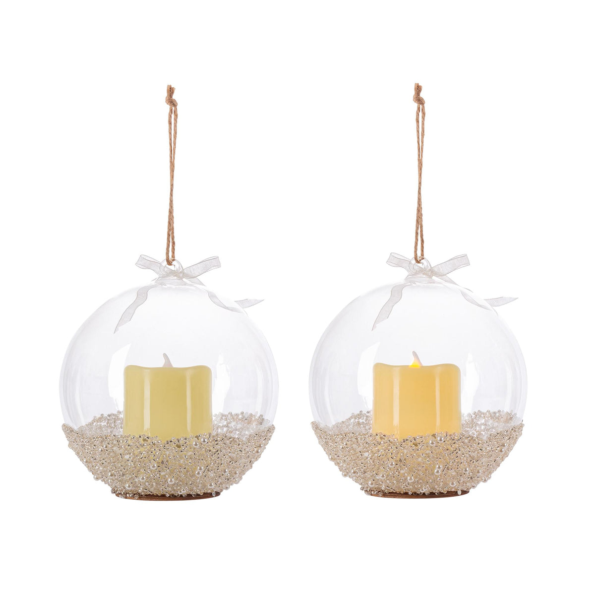 Lit Glass Ornament with Candle, Set of 2