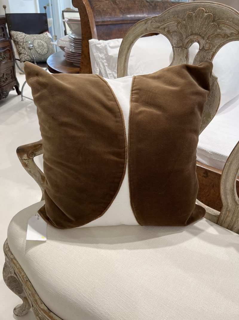 Brown Velvet on Oyster Linen Throw Pillow 22" Sq by Tara Shaw sitting on pretty country French Settee