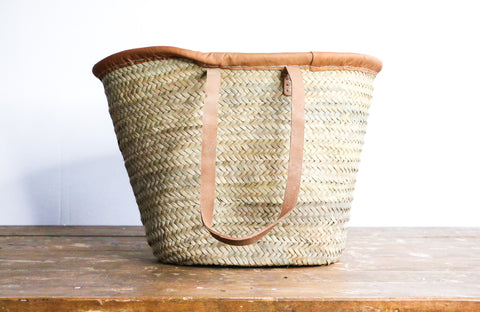 French Market Basket Leather Trim Long Handles