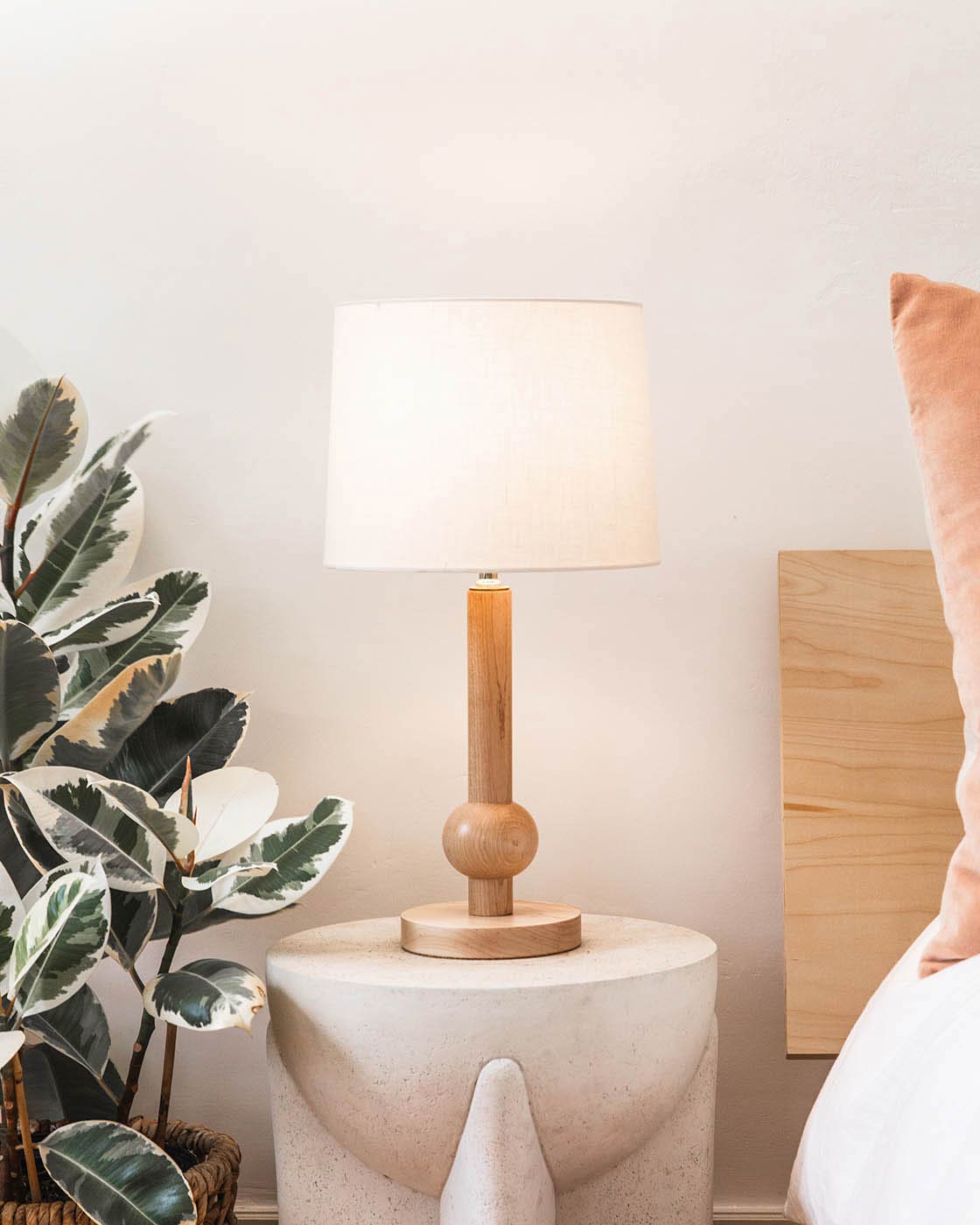 Table lamp on a side table next to a plant and pillows in a room setting.