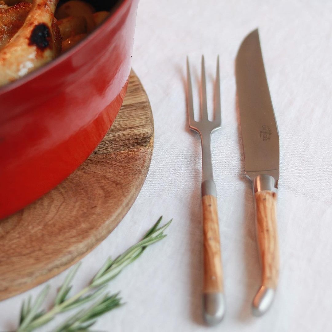 Laguiole Carving Set Olive Wood Handle Satin Finish