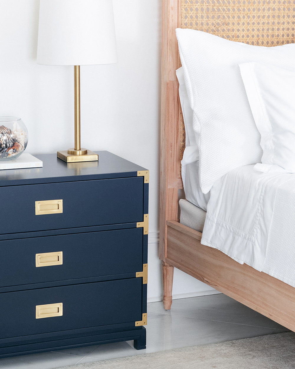 Carlyle Campaign Dresser, Navy - Bedroom Chest - 29H x 32W x 19D, Eco-friendly mango wood, Campaign-style, 3 drawers, Matte-brass hardware