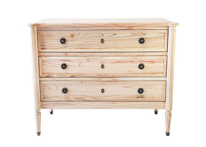 Wooden dresser with three drawers on a white background