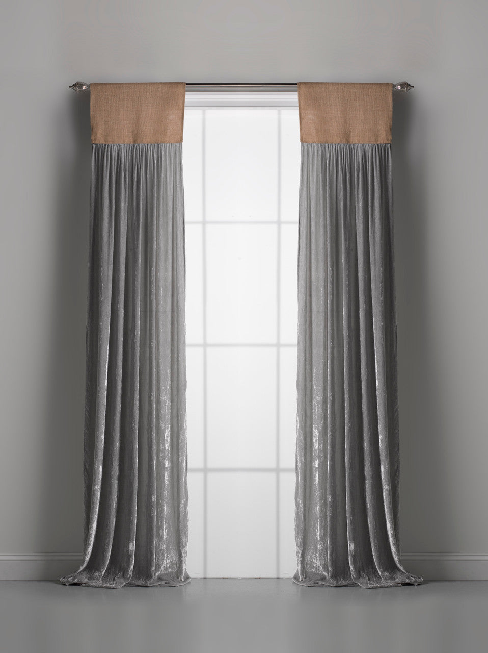 Luscious Grey Platinum Silk Velvet with Natural/Tan Jute Header Window Curtains 96"