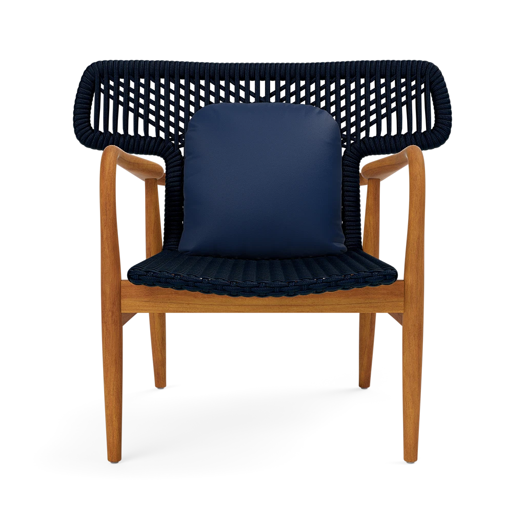 Chair with wooden frame and navy woven backrest and seat