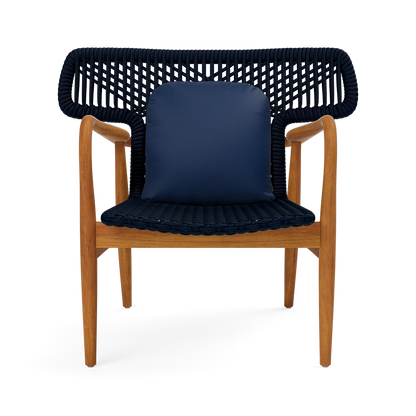 Chair with wooden frame and navy woven backrest and seat
