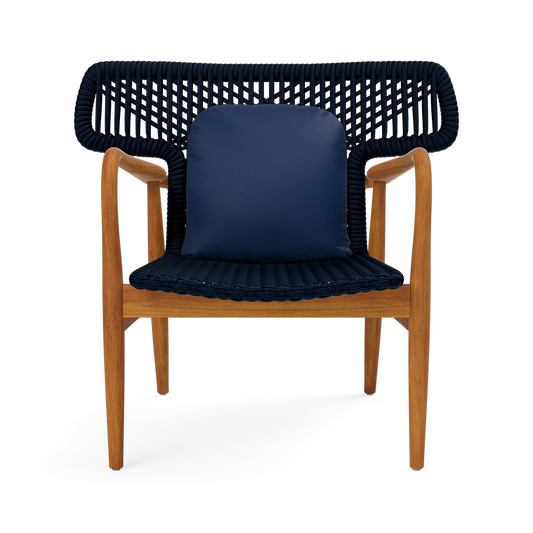 Chair with wooden frame and navy woven backrest and seat