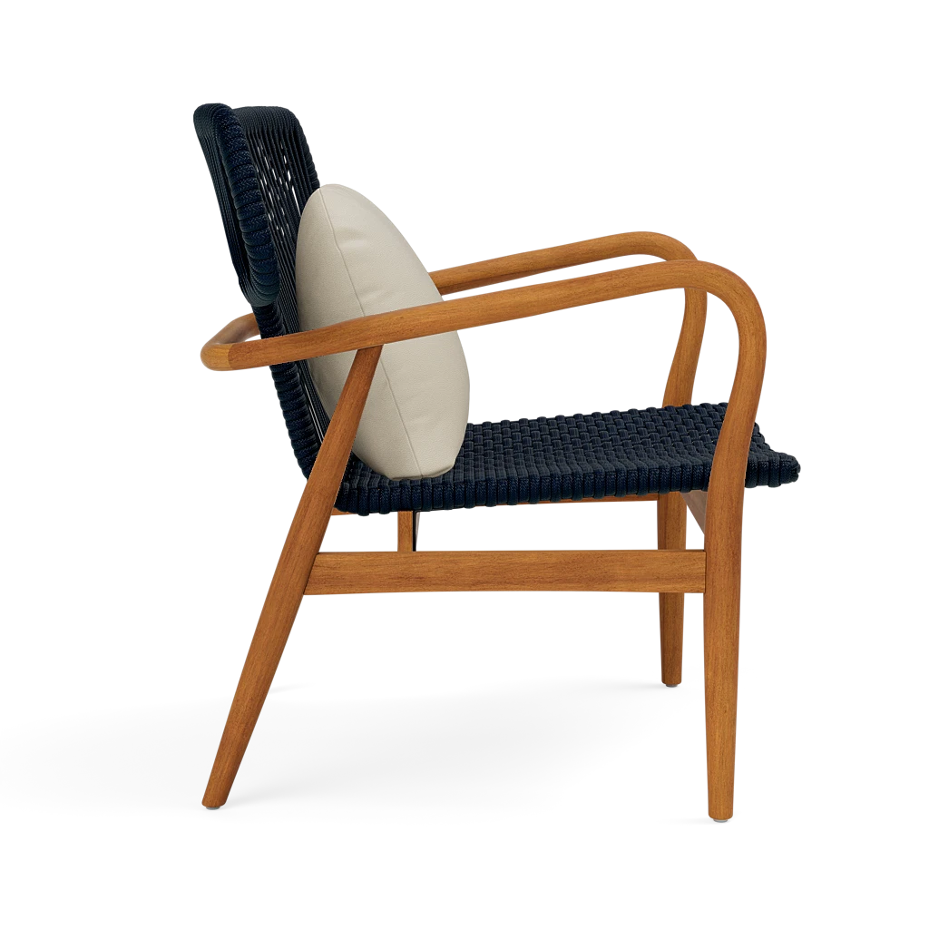 Chair with wooden frame, blue woven backrest, and beige cushion on a white background