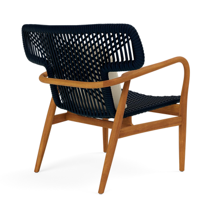 Chair with black woven backrest and wooden frame on a white background