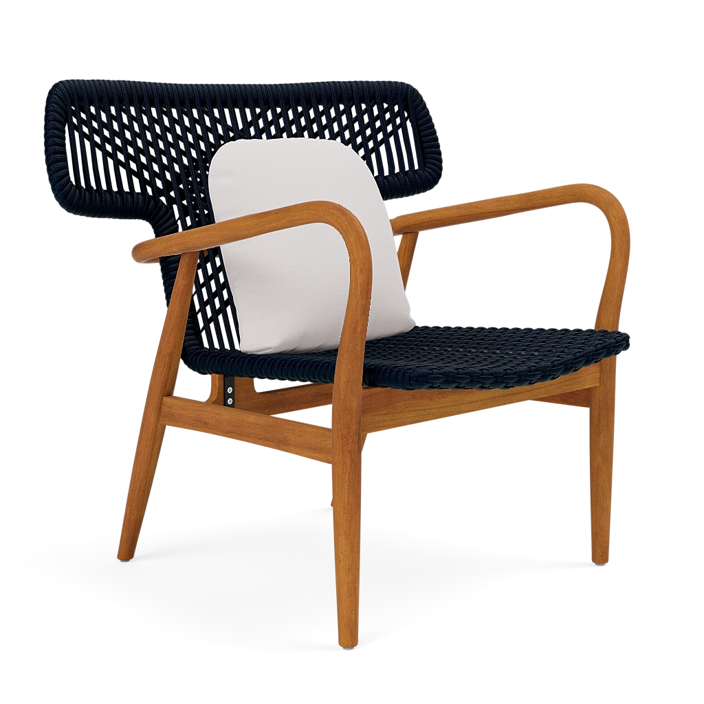 Chair with wooden frame and navy woven backrest and seat on a white background