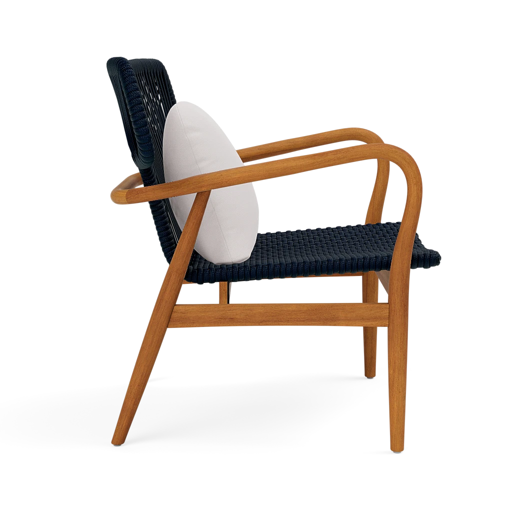 Chair with wooden frame and dark woven backrest on a white background