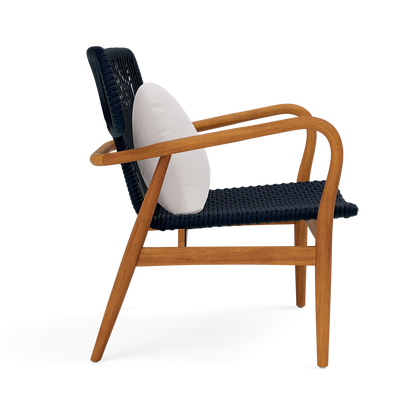 Chair with wooden frame and dark woven backrest on a white background