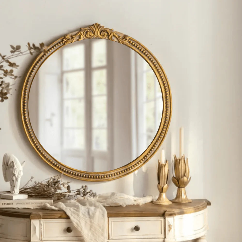 Marais Mirror, Round: French Gilt Gold Mirror with Elegant Details
