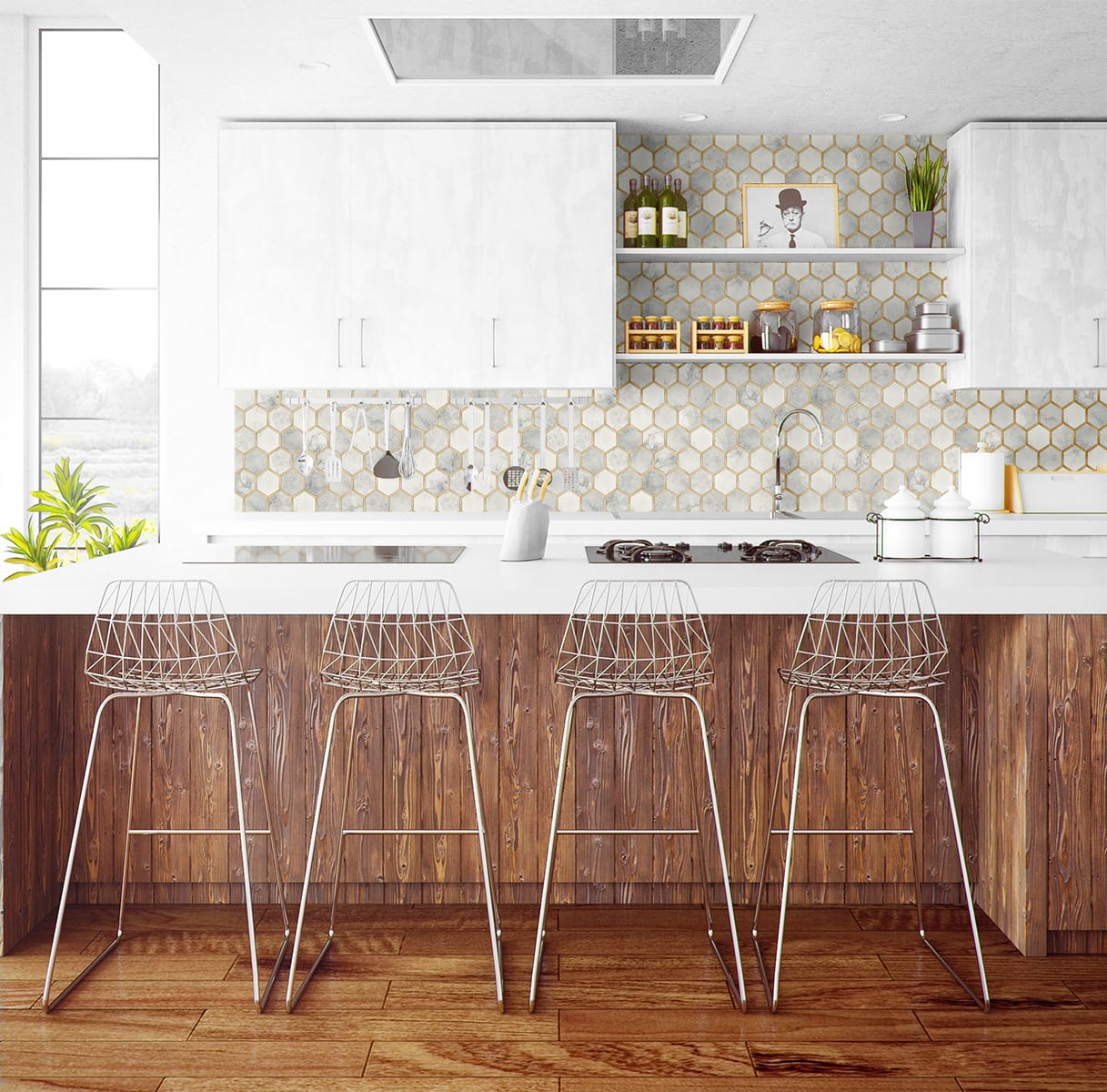 Inlay Hexagon Geometric Peel and Stick Removable Wallpaper