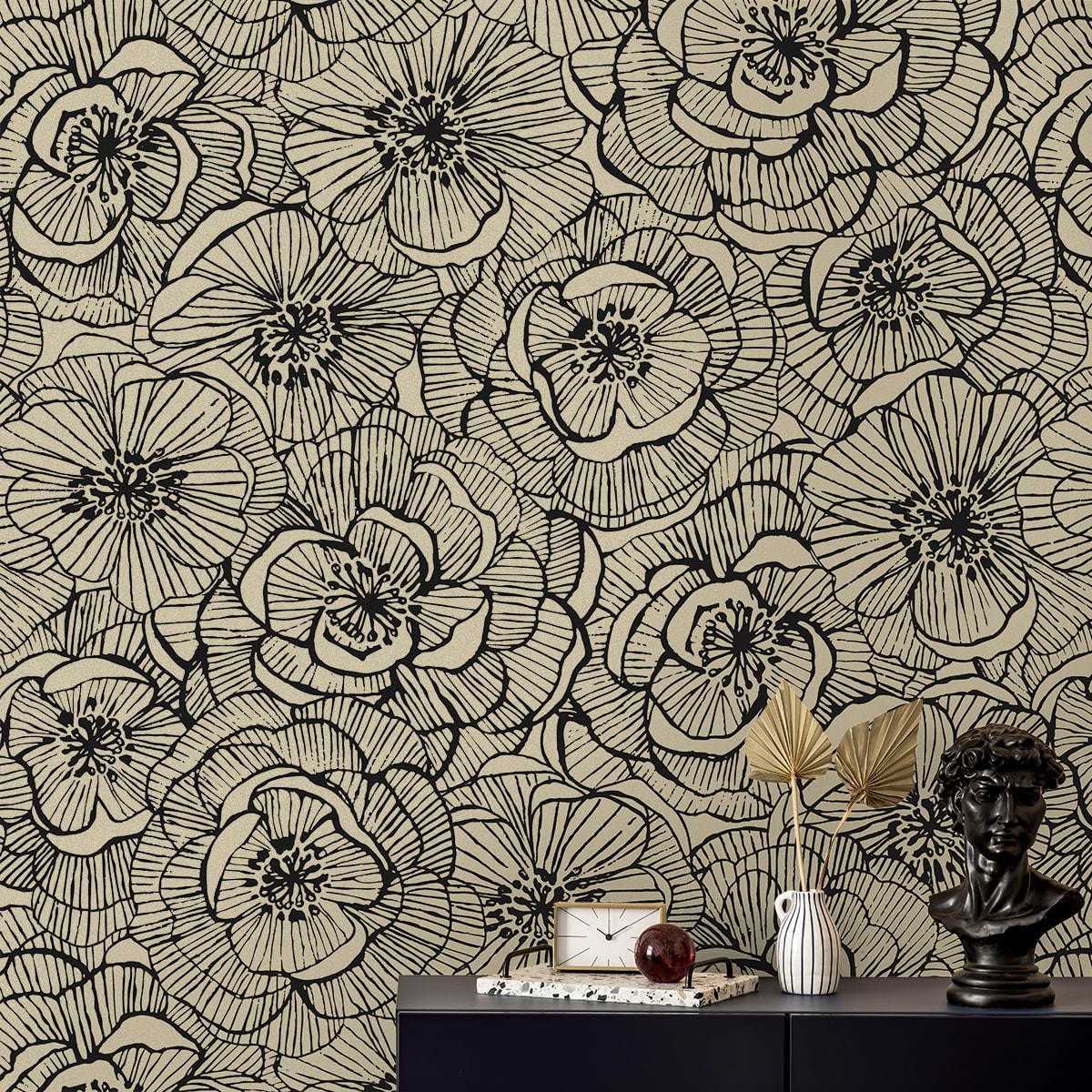 Ellie Graphic Floral Premium Screen Printed Peel and Stick Removable Wallpaper