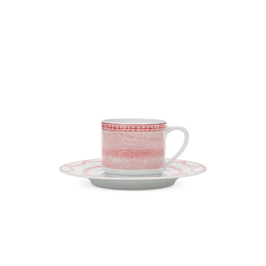 Ceramic cup and saucer with red and white pattern on a white background