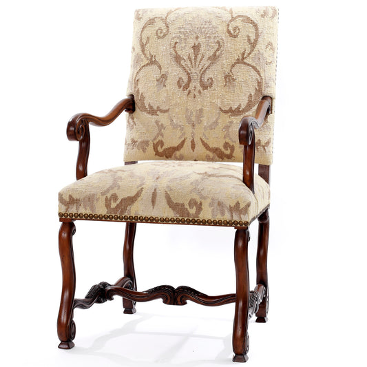 Country French old world arm chair with turned wood and aubusson upholstery