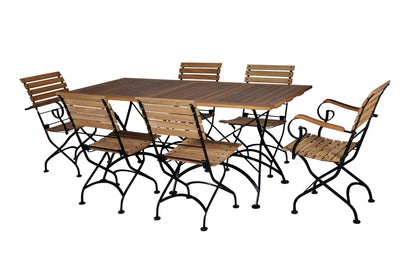 Seven Piece Dining Set with 32 x 72" African Teak Slat Top Table and Four Side Chairs and 2 Armchairs