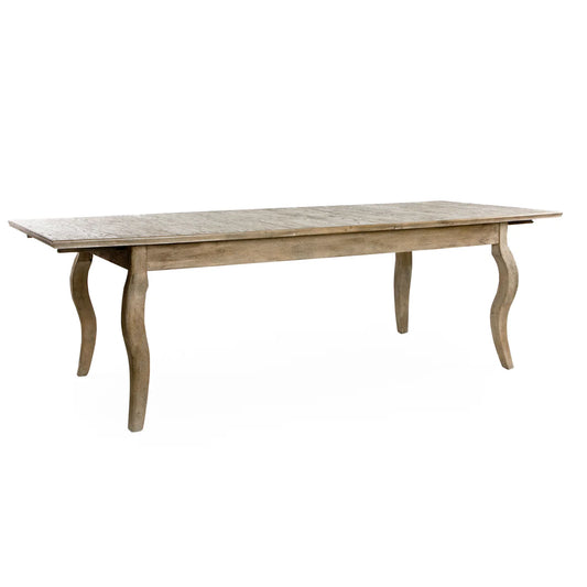 Wooden dining table with curved legs on a white background