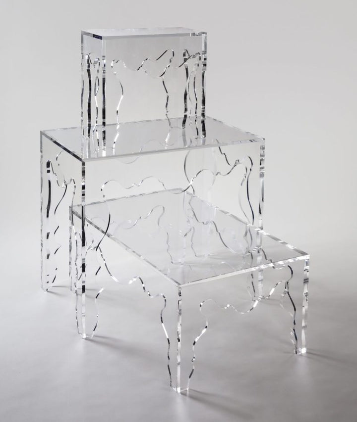 Contemporary Rococo Martini Side Table in Acrylic by Tara Shaw shown with three other sizes of the same table