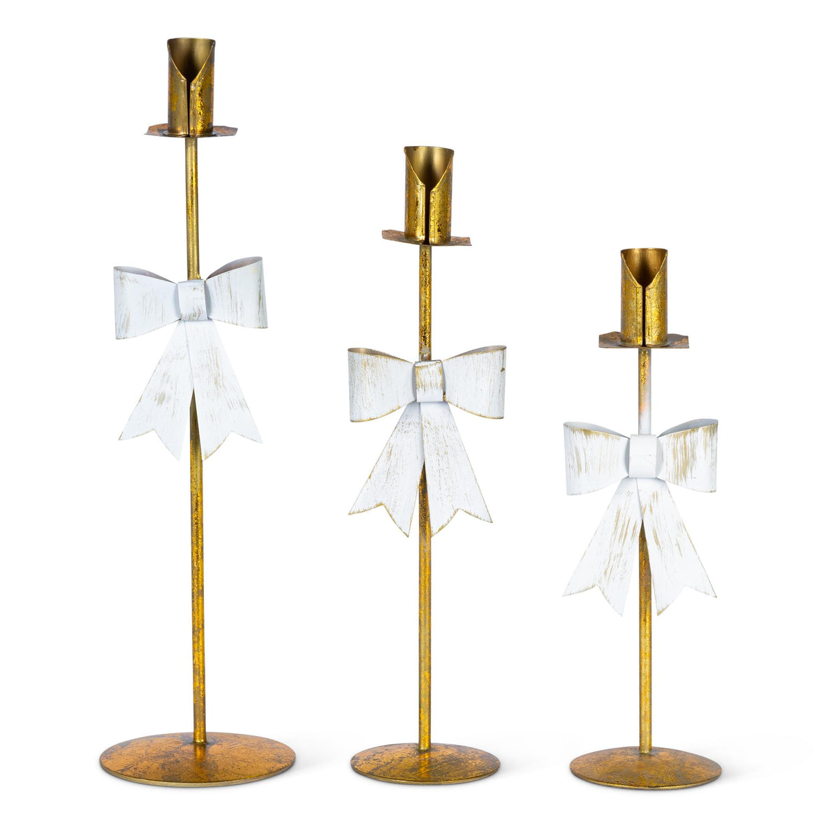 Brass Iron Taper Candle Holder with Bow, Set of 3, Large, 14"H