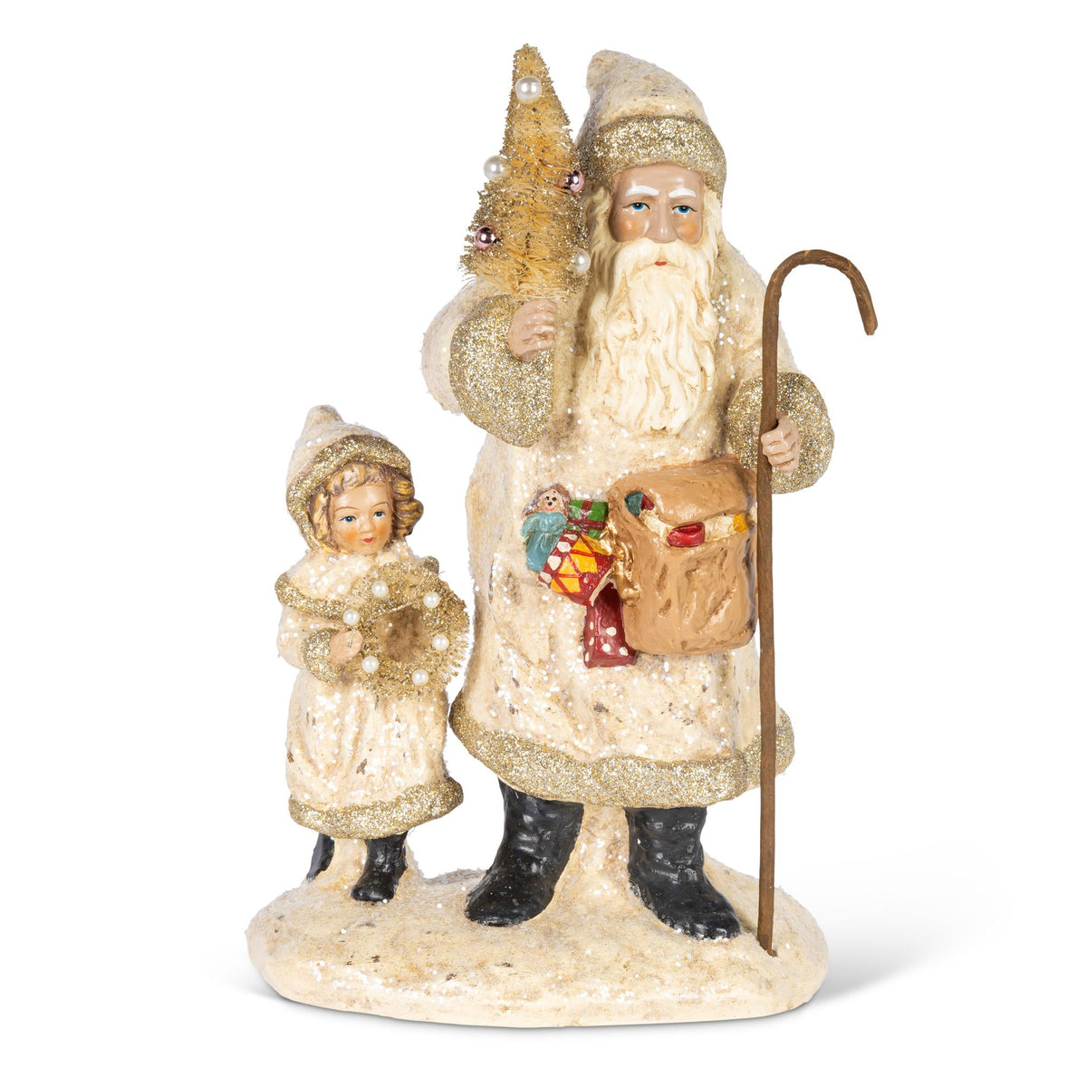 Paper Mache Santa with Tree and Child, 11"H