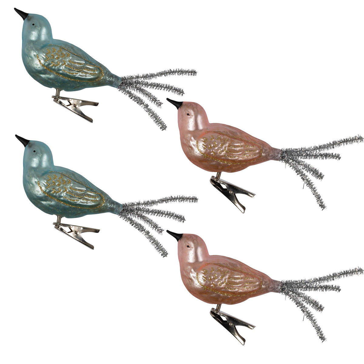 Green and Pink Glass Bird Clip Ornaments, Set of 4, 5.5"L