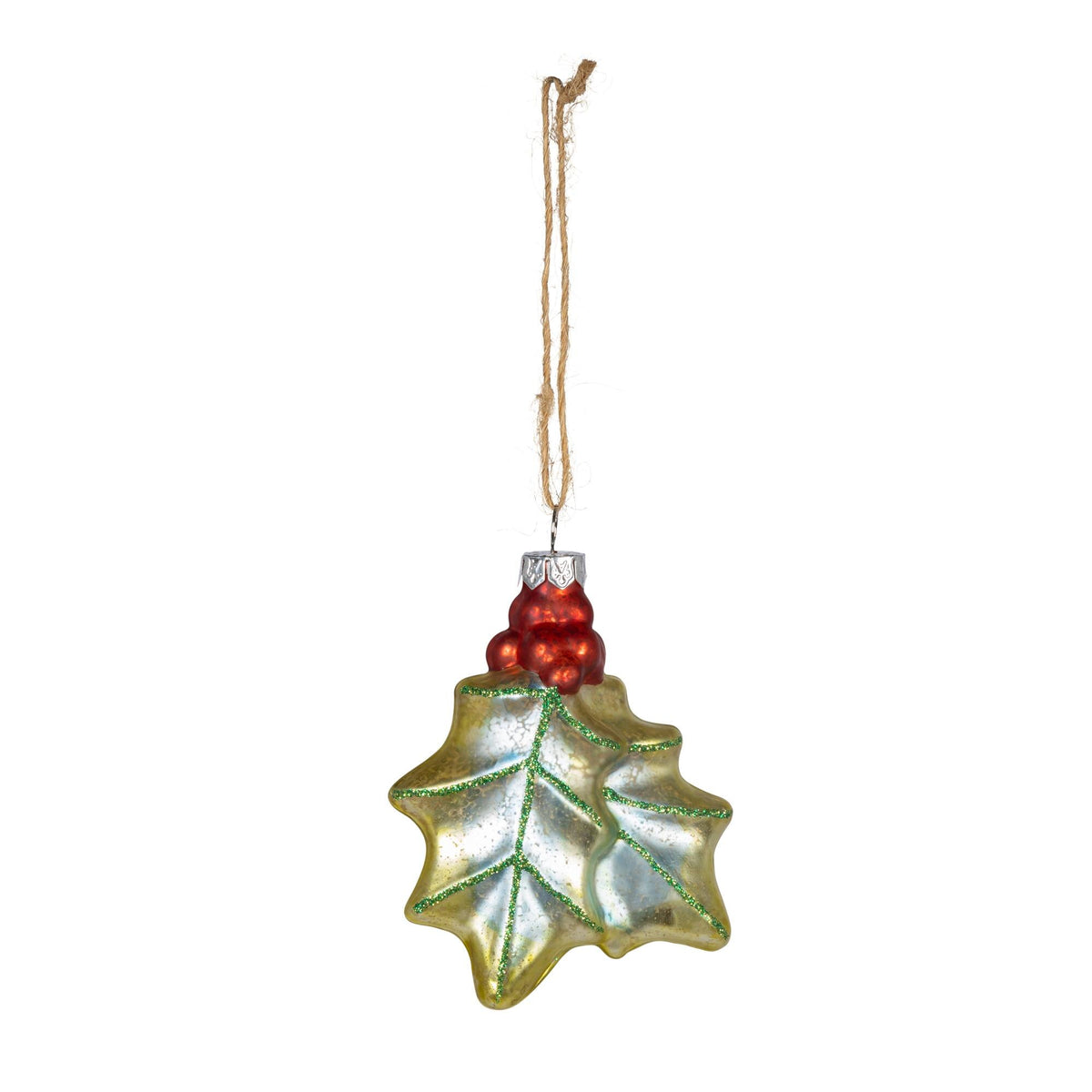 3.5" Glass Holly Leaf and Berry Ornament, 2 Asst