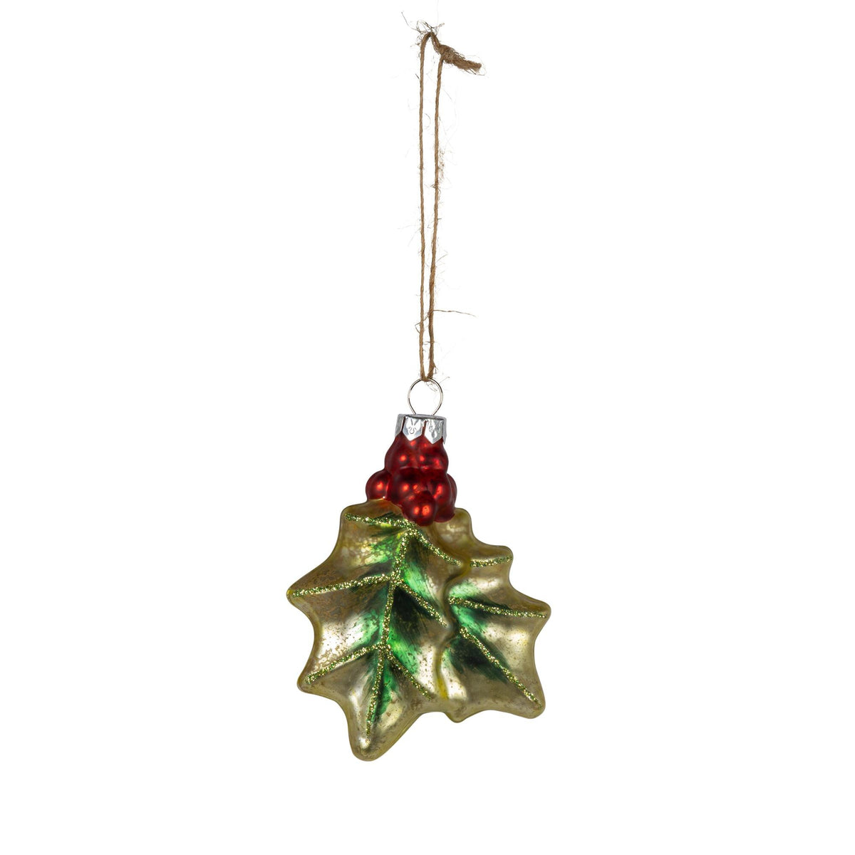 3.5" Glass Holly Leaf and Berry Ornament, 2 Asst