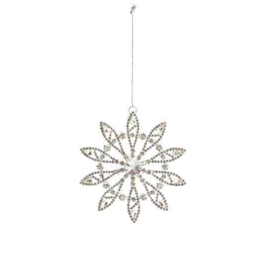 Decorative snowflake ornament with rhinestones on a white background