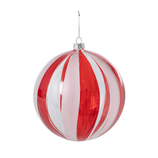 Red and white striped Christmas ornament on a white background