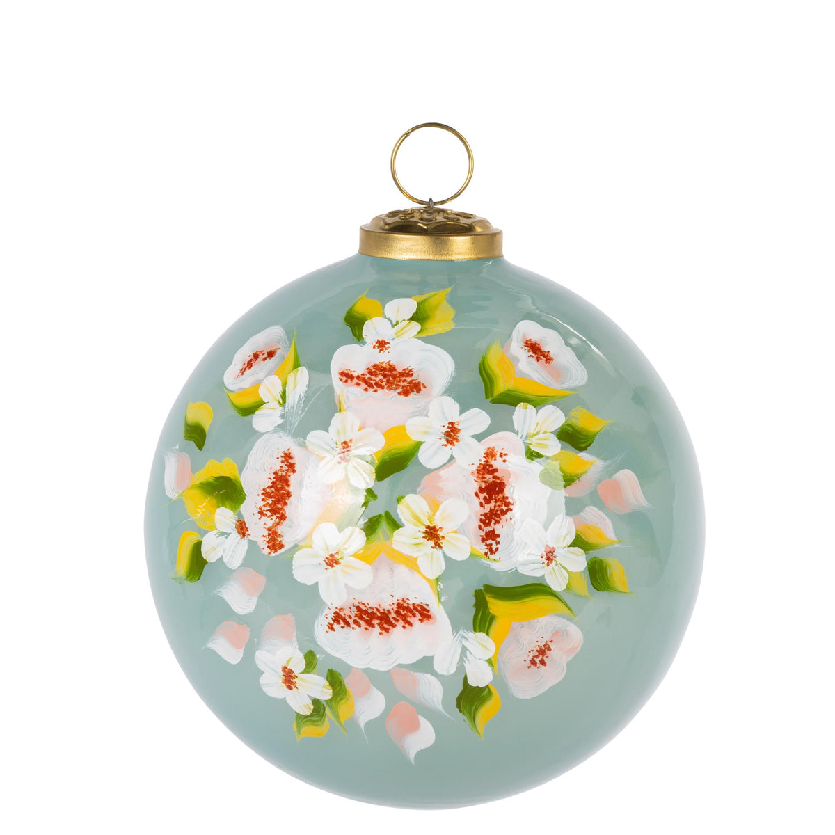 5" Translucent Blue Glass Ornament w/ Floral Design