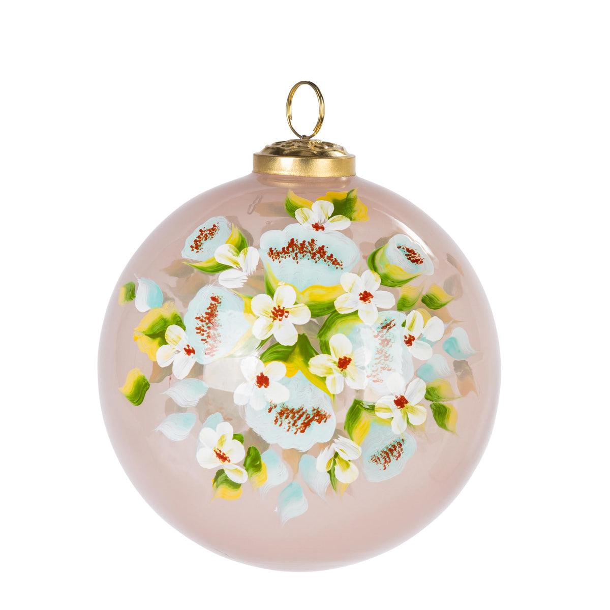 5" Translucent Pink Glass Ornament w/ Floral Design
